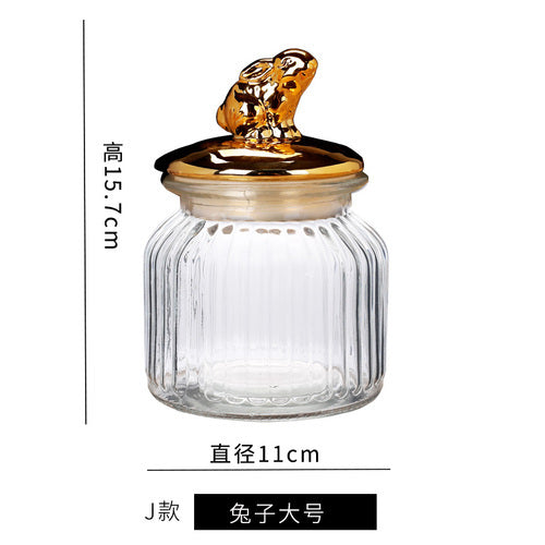 Modern Transparent Glass Sealed Jar Storage With Lid Golden Animal Decoration Candy Bottle Tea Box Kitchen Utensils