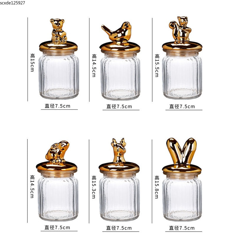 Modern Transparent Glass Sealed Jar Storage With Lid Golden Animal Decoration Candy Bottle Tea Box Kitchen Utensils