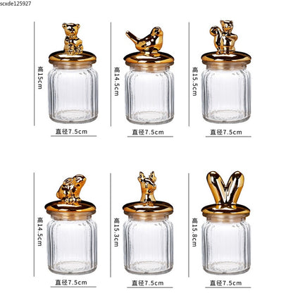 Modern Transparent Glass Sealed Jar Storage With Lid Golden Animal Decoration Candy Bottle Tea Box Kitchen Utensils