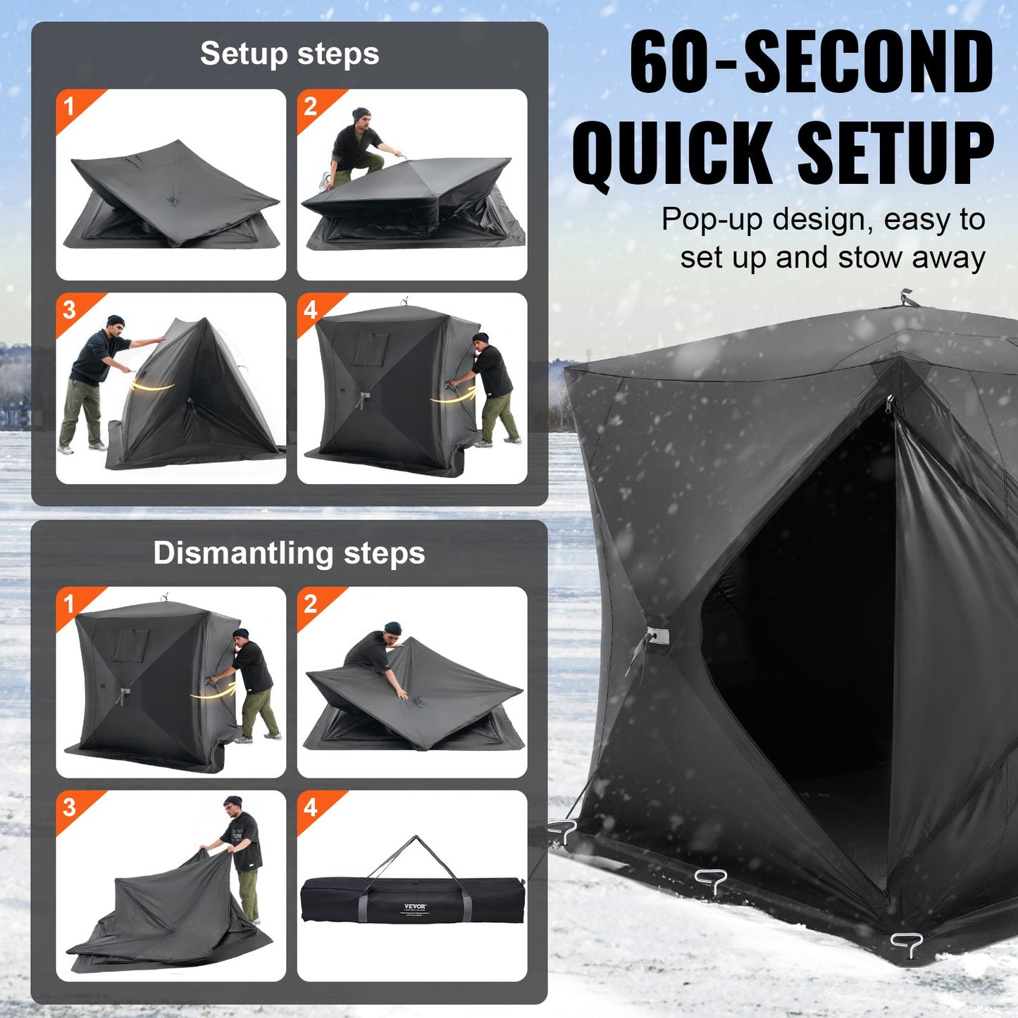 Portable Ice Shelter, 3-4 Person Pop-Up Ice Fishing Tent, 43 Square Feet Fishable Area, Ice Shanty For Winter Fishing, Waterproof Oxford Ice Cube With Anchors/Ropes/Carrying Bag, 90"x90", Black