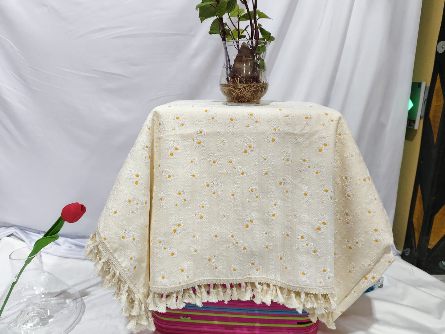 Pastoral Tassel Cotton Floral Tablecloth Desk Kitchen Wedding Restaurant Decoration Background Fabric