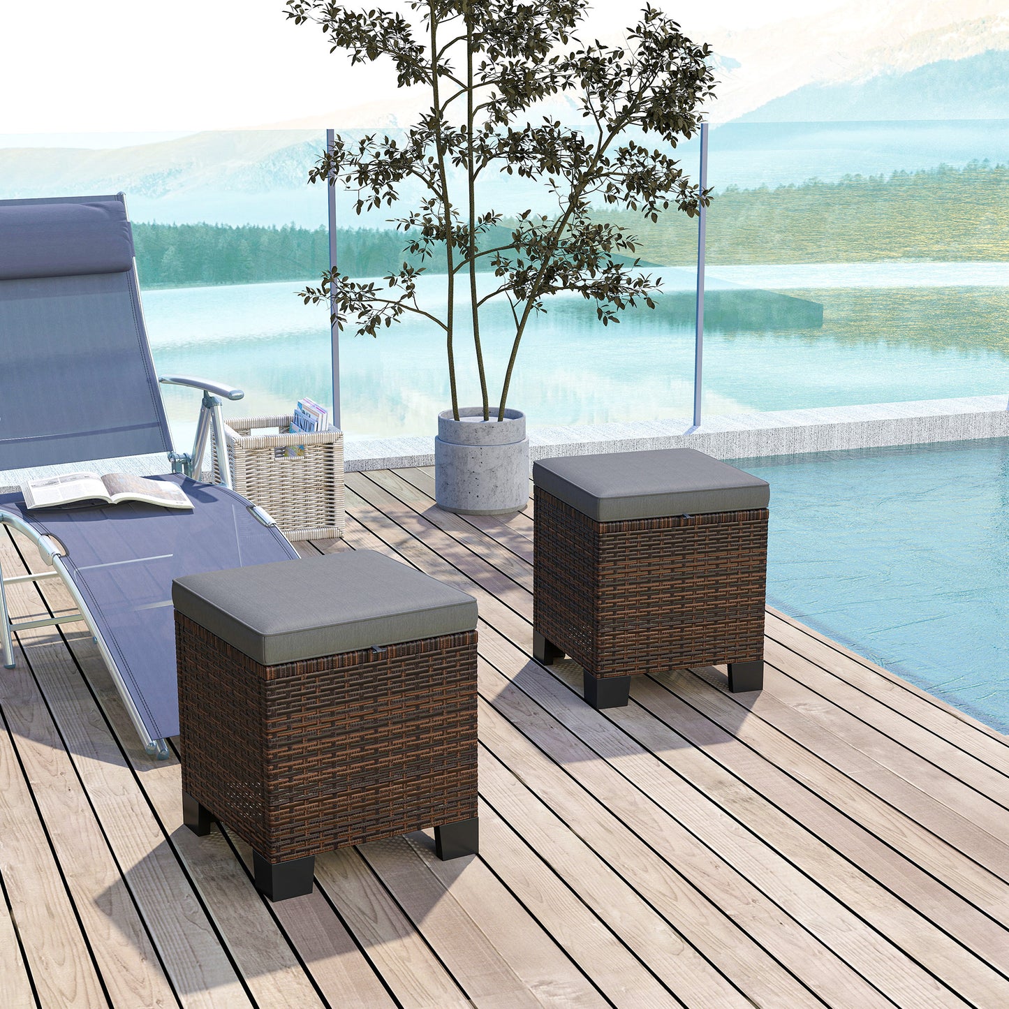 2 Piece Wicker Outdoor Ottomans With Cushions, Rattan Ottoman Footrest And Side Table For Patio, Yard, Poolside, Gray