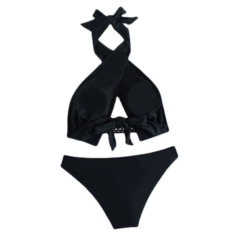 Black Cross Strap Halter Bikini For Women