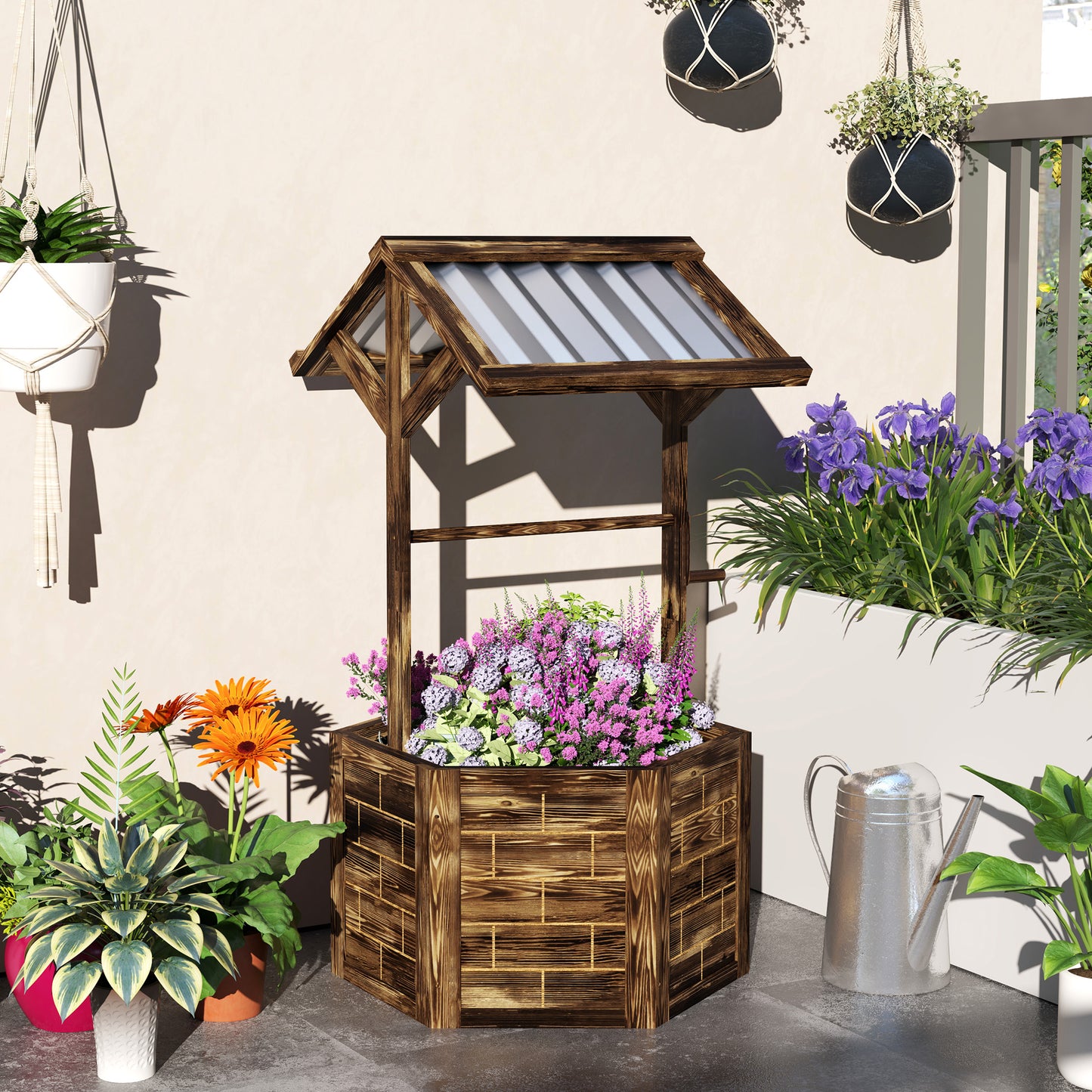 Wooden Wishing Well Planter, Raised Garden Bed with Galvanized Canopy, Hexagon Raised Flower Bed for Garden, Tan