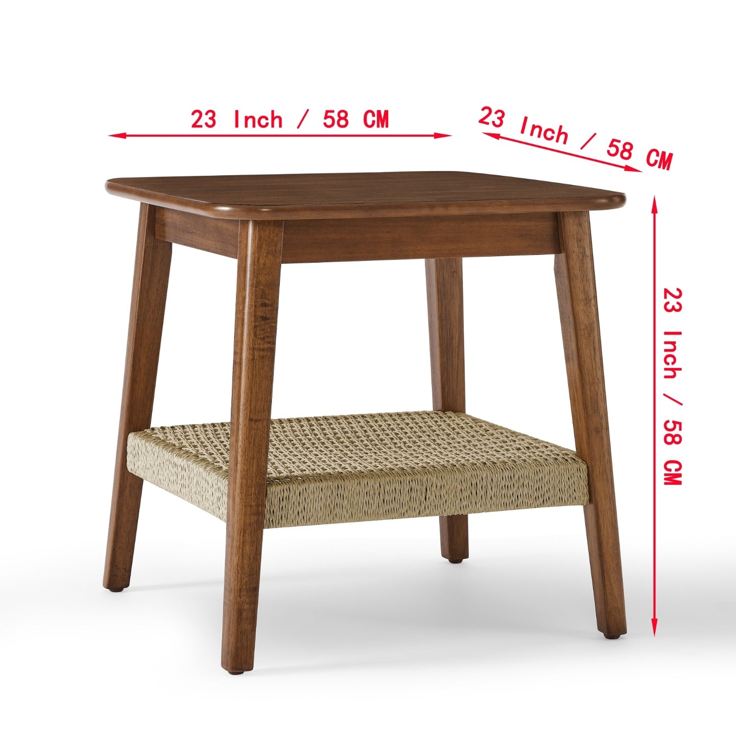 Mid-Century Side Table With Woven Shelf, Boho Bedside Storage Table