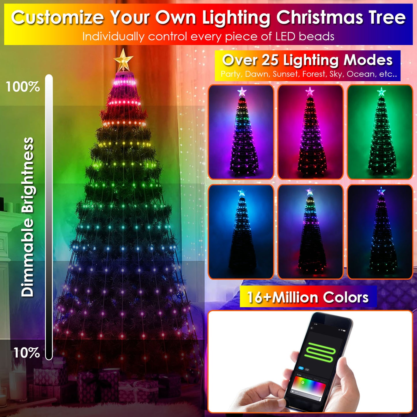 4.9FT S-5.9FT L Options -- 1Pc Collapsible Christmas Tree Light With Remote App Control IP65 Waterproof Customized Multi-Color Mode Timer Setting Work With Alexa Google