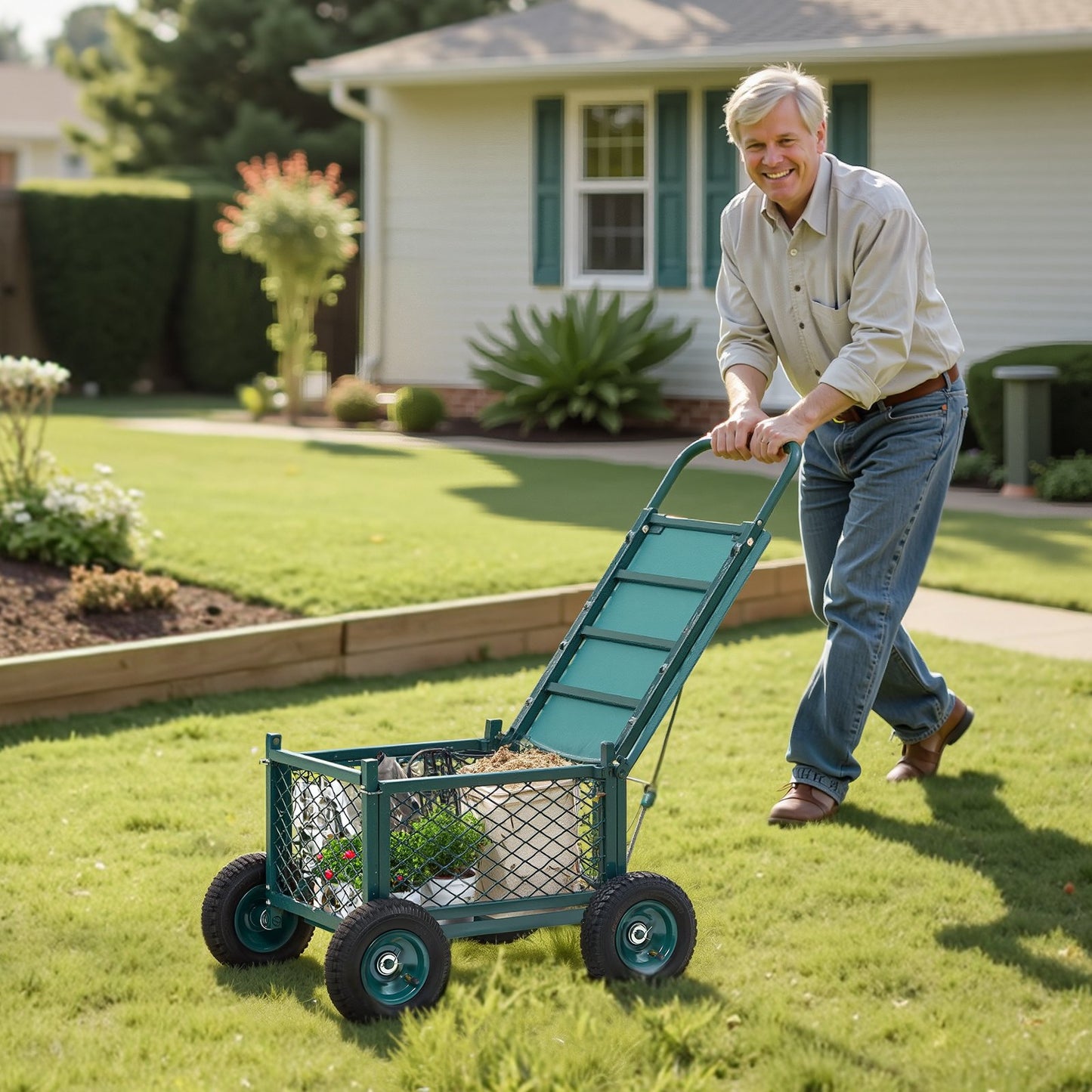 Rolling Garden Seat With Wheel 400LB Heavy Duty Metal Garden Cart With Storage