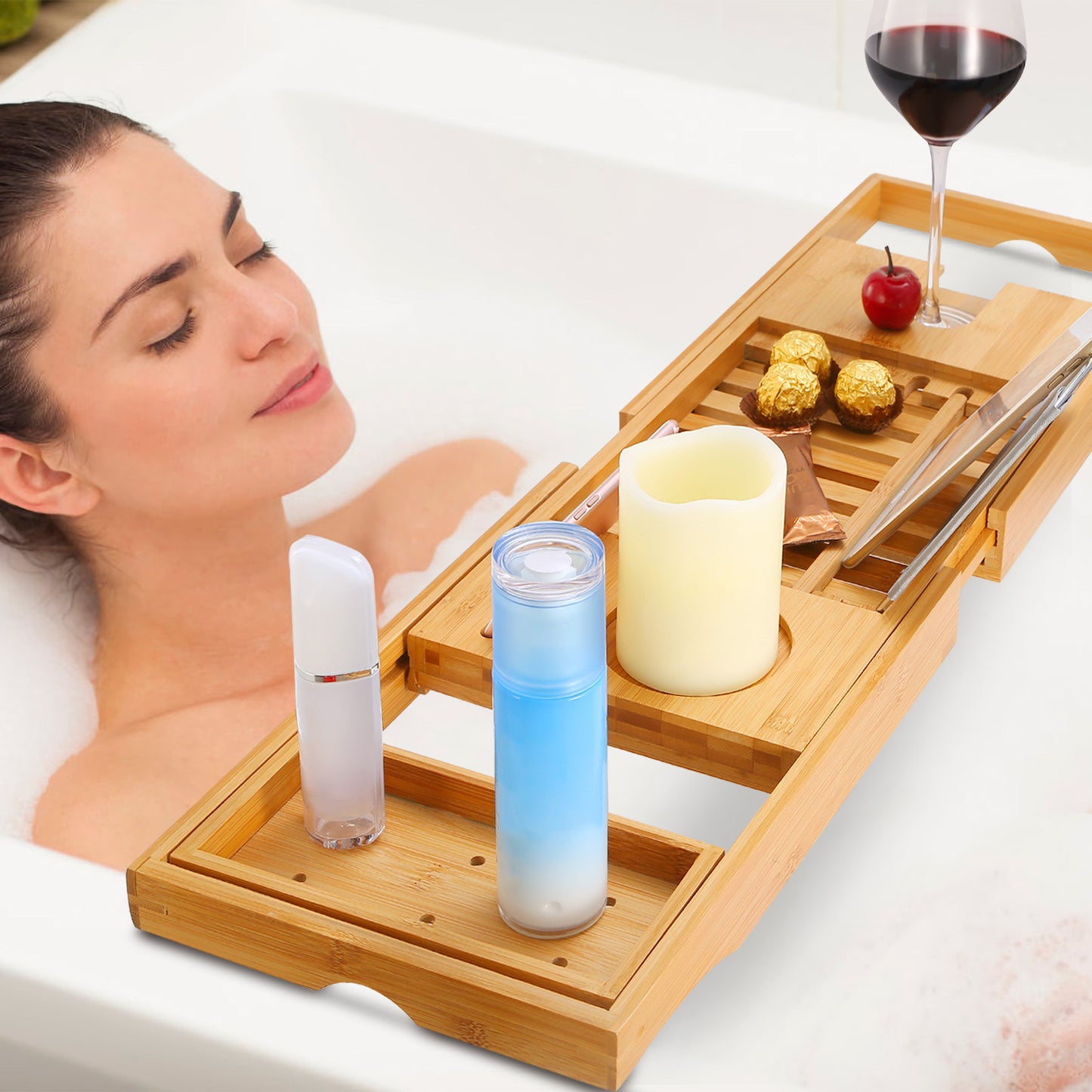1Pc Bathtub Caddy Tray Crafted Bamboo Bath Tray Table Extendable Reading Rack Tablet Phone Holder Wine Glass Holder Shelf Desk Bathroom Spa