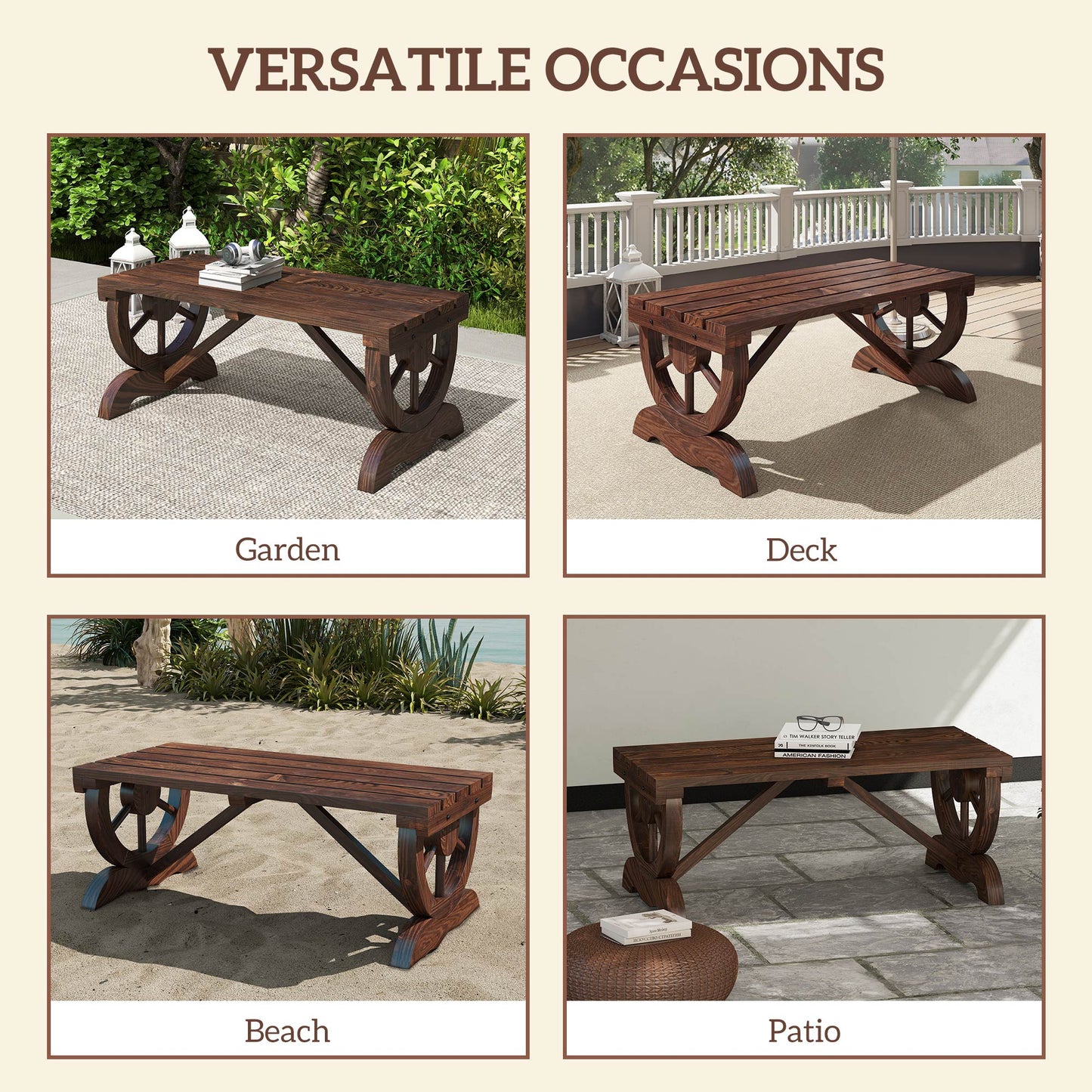 2-Person Wooden Garden Bench, Outdoor Wagon Wheel Porch Bench for Backyard Garden, Support 550 LBS, Rustic Country Style Patio Furniture, Brown
