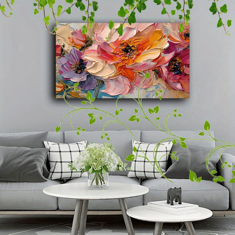 1pc Vibrant Floral Canvas Art With Wooden Frame - Textured Pastel Flowers, Abstract Blossom Arrangement For Home & Office Decor, Ideal For Living Room, Corridor, Anniversary