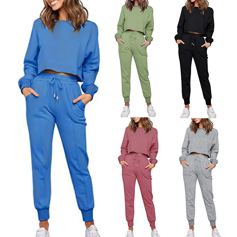 Women's Sports And Leisure Solid Color Long-Sleeve Sweatpants Two-Piece Set