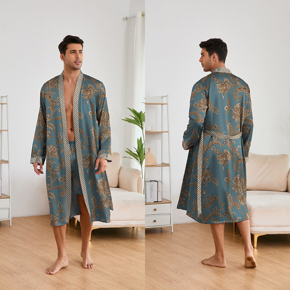 Printing Men's Robes Long Sleeve Shorts Suit