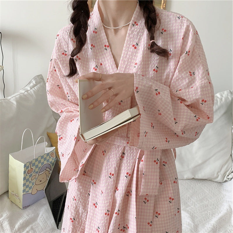 Cherry Plaid Cute Bathrobe Long