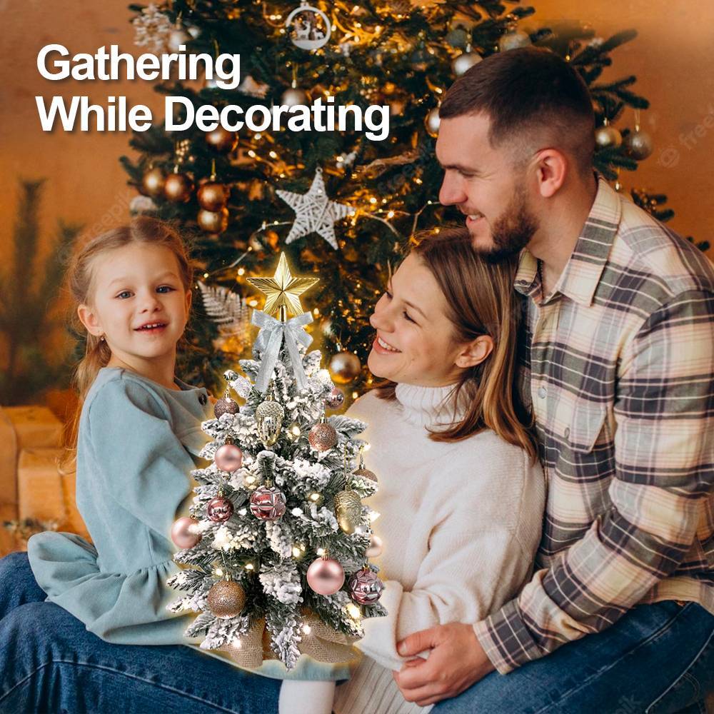 22in Tabletop Artificial Mini Rose Gold Christmas Tree W Light With Flocked Snow