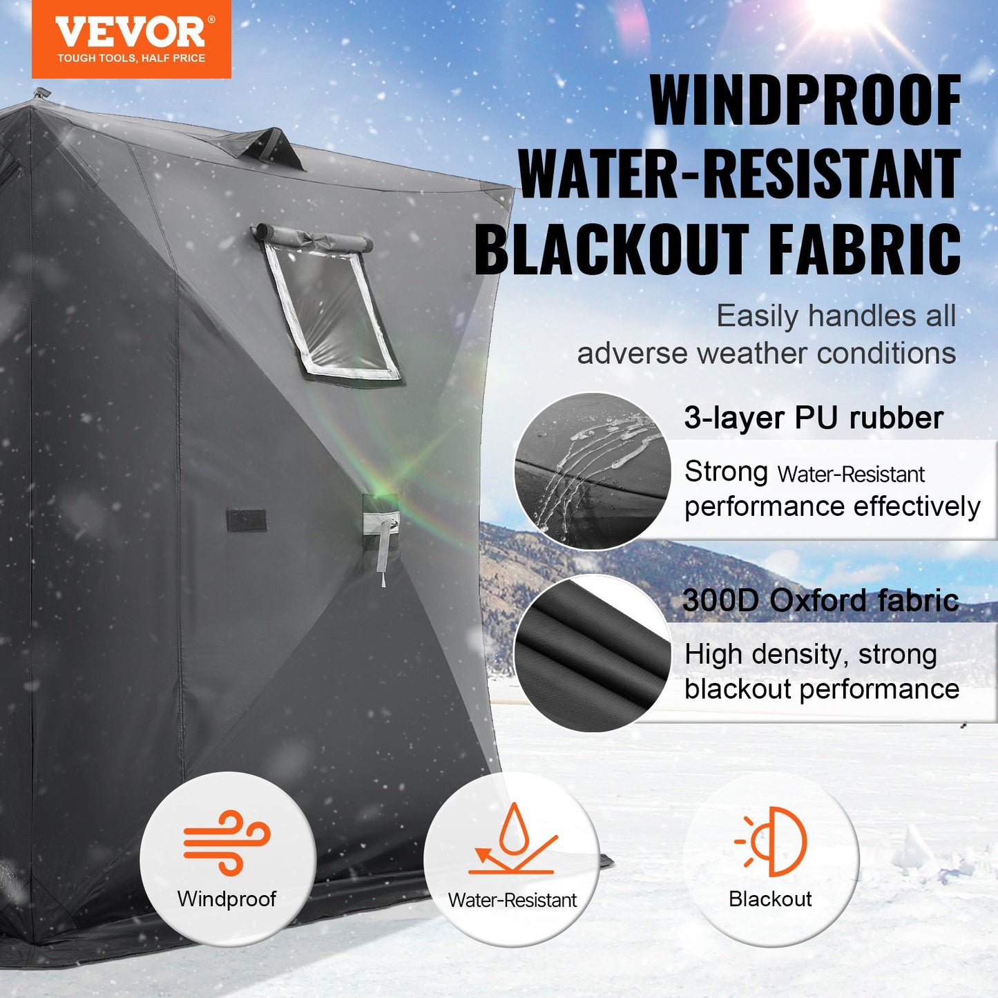 Portable Ice Shelter, 3-4 Person Pop-Up Ice Fishing Tent, 43 Square Feet Fishable Area, Ice Shanty For Winter Fishing, Waterproof Oxford Ice Cube With Anchors/Ropes/Carrying Bag, 90"x90", Black