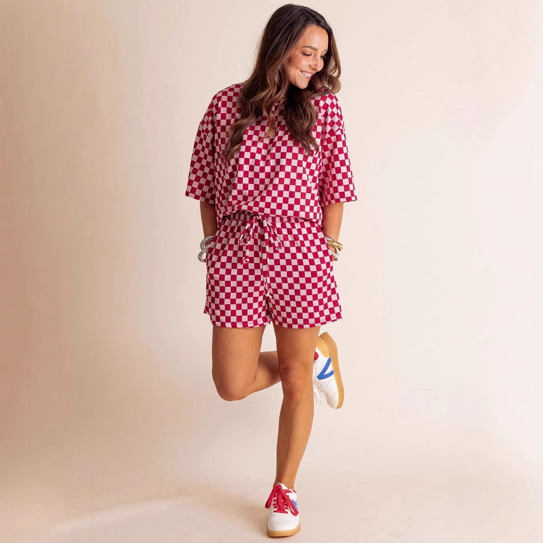 New Comfort Loose Leisure Suit Women's European And American Fashion Plaid Short-sleeved Shirt And Shorts Two-piece Set