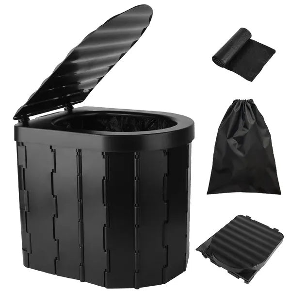 Foldable Emergency Toilet Portable Porta Potty For Car Travel Camping Boating Hiking Cleanable Travel Commode With Lid Carry Bag 1 Roll Garbage Bags