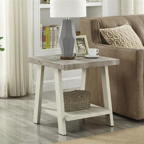 Contemporary Two Tone Wooden Framed Side Table In Athens, Weathered Gray And Beige