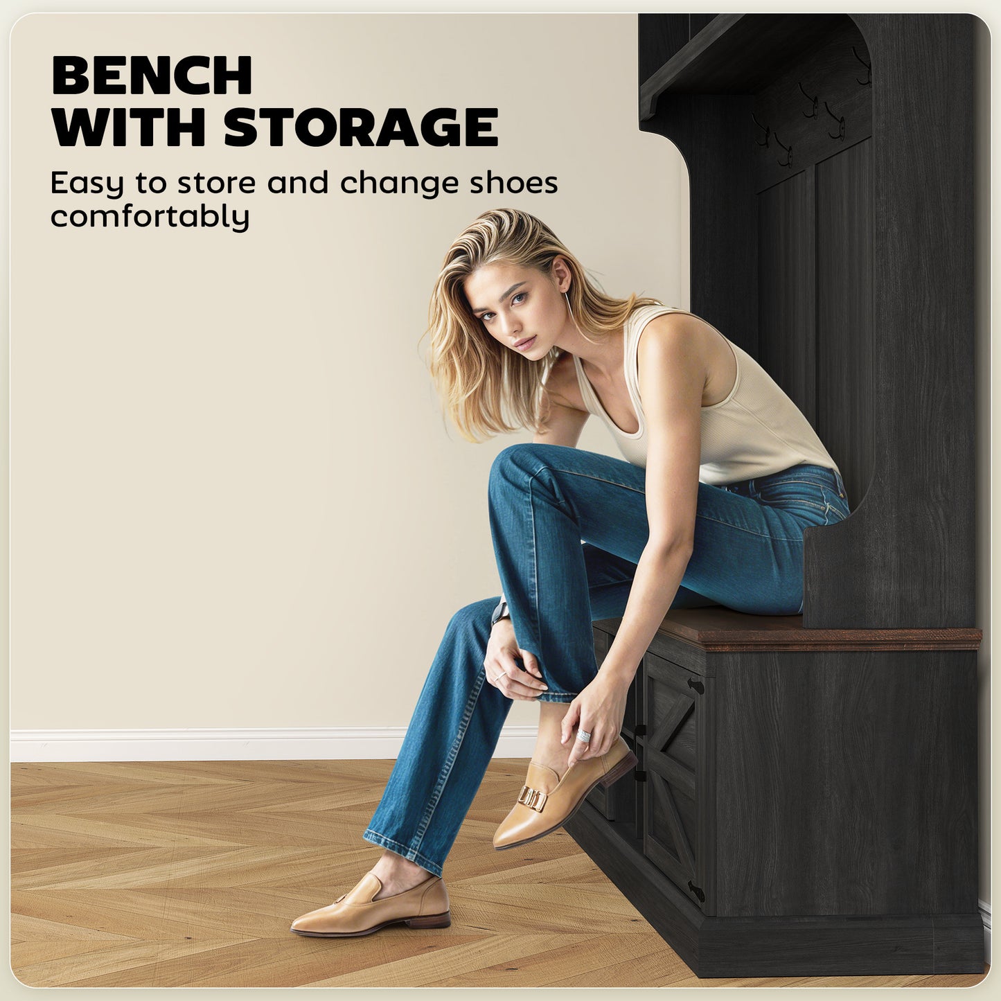 3-in-1 Hall Tree With Shoe Storage, Coat Rack With Bench, Entryway Furniture With Hooks, Black Wood Grain