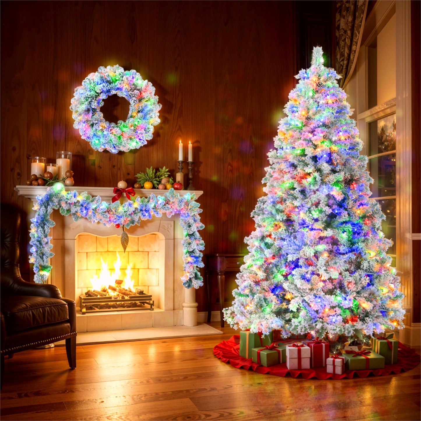 6 Feet Snow Covered Christmas Tree, Pre-Installed Light Set With Tree & Garland & Garland, Artificial Hinged Christmas Tree With Colored LED Lights, 8 Lighting Modes, Pine Cone, Home Holiday Decoratio