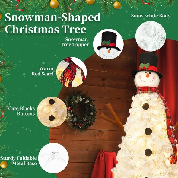 4FT Snowman Shaped Christmas Tree With Pre-Lit LED Lights, Holiday Decoration
