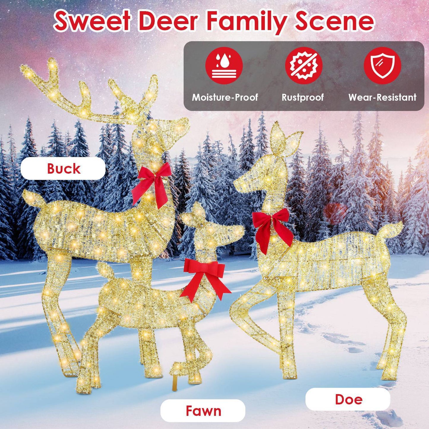 3Pcs In 1 Set 2D Lighted Christmas Deer Family Set Indoor Outdoor Light Up Reindeer Decorations Lighted Buck Doe Fawn Display With 8 Lighting Modes