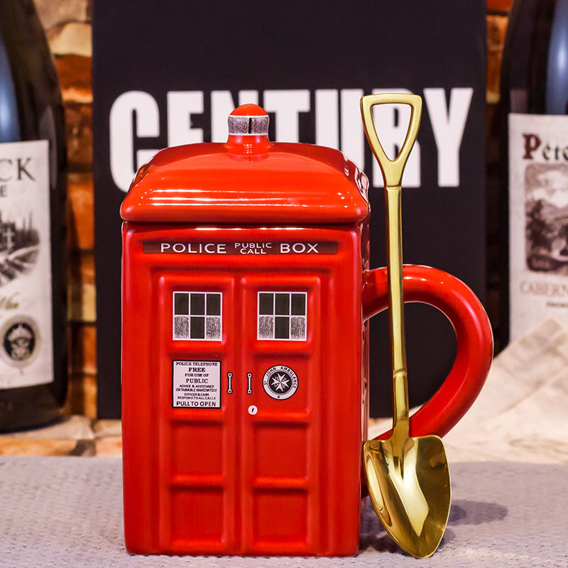 Police Box Ceramic Cup With Lid For Tea Coffee Mug