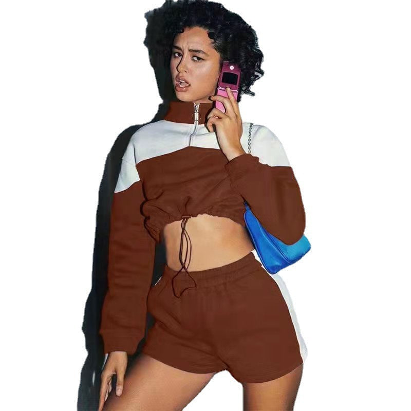 Color Matching Drawstring Leisure Shorts Women's Sweater Suit Two-piece Set