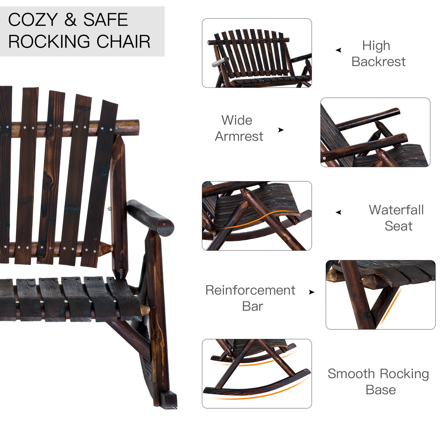 Classic Wooden High-Back Rocker, Carbonized For Garden Serenity & Relaxation, Durable Outdoor Furniture