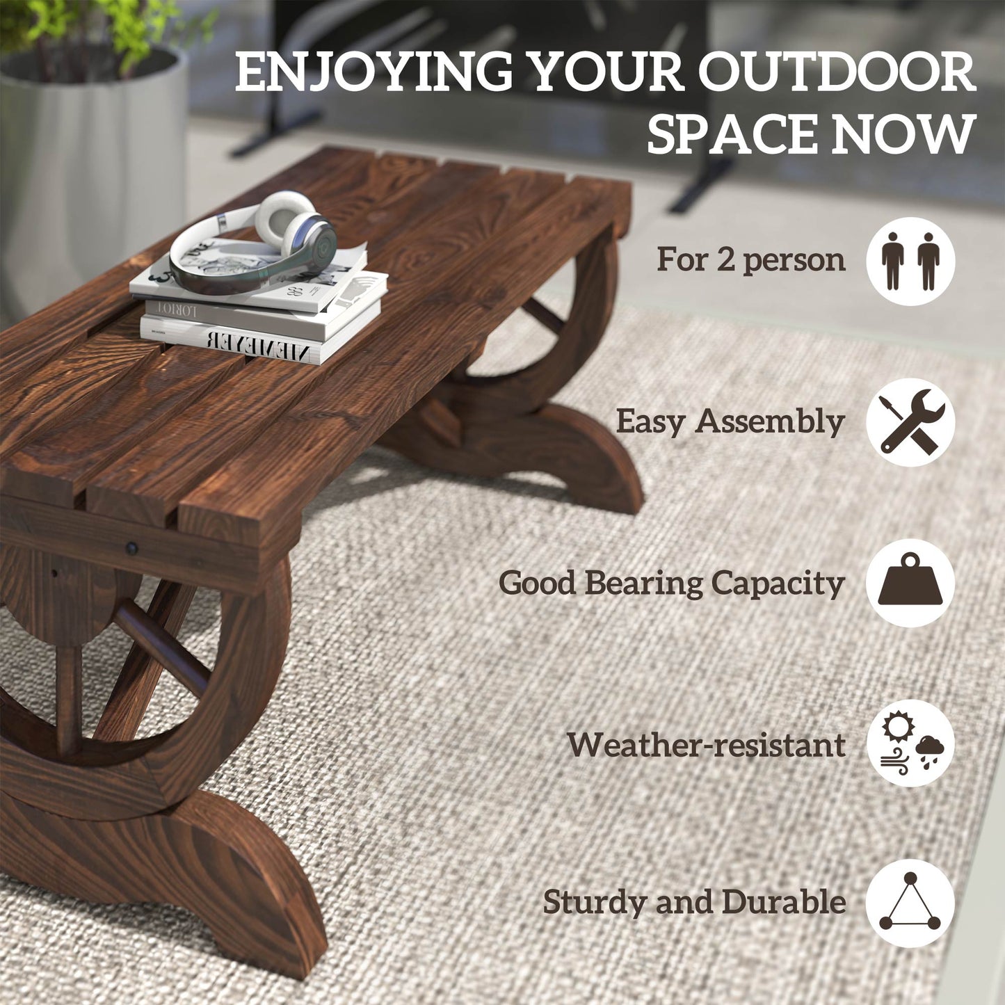 2-Person Wooden Garden Bench, Outdoor Wagon Wheel Porch Bench for Backyard Garden, Support 550 LBS, Rustic Country Style Patio Furniture, Brown