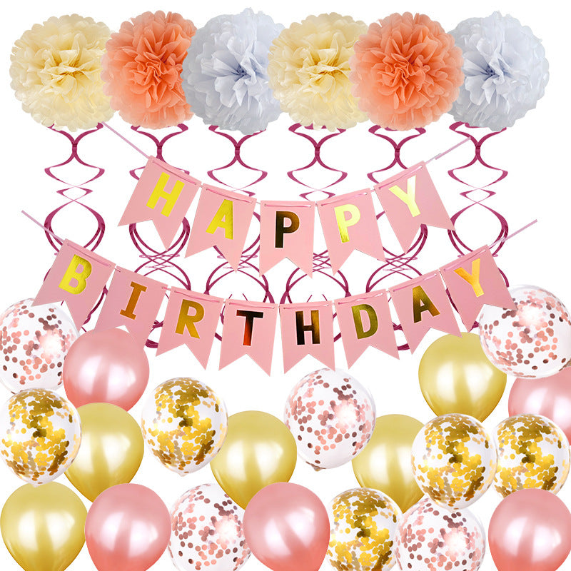 Birthday Party Set Paper Flower Ball Letter Pull Flag Birthday Party Decoration Sequined Balloon