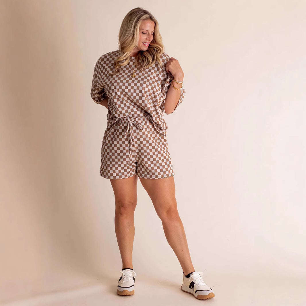 New Comfort Loose Leisure Suit Women's European And American Fashion Plaid Short-sleeved Shirt And Shorts Two-piece Set