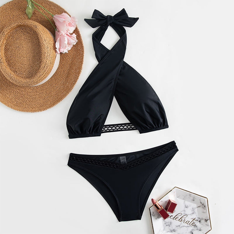 Black Cross Strap Halter Bikini For Women