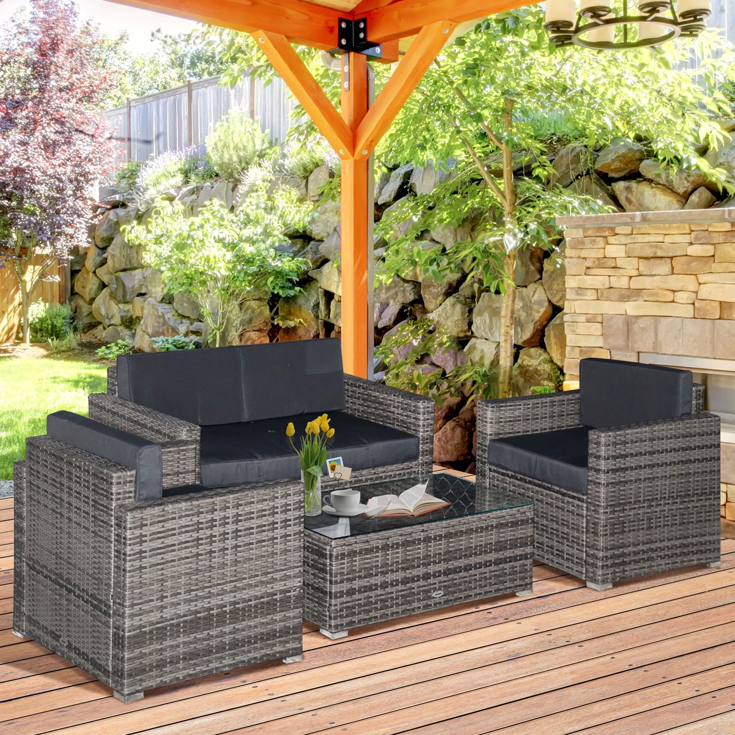 4 Piece Wicker Patio Furniture Set with Cushions, Outdoor Sectional Furniture with 2 Sofa, Loveseat, and Glass Top Coffee Table, Conversation Sofa Sets for Garden, Black