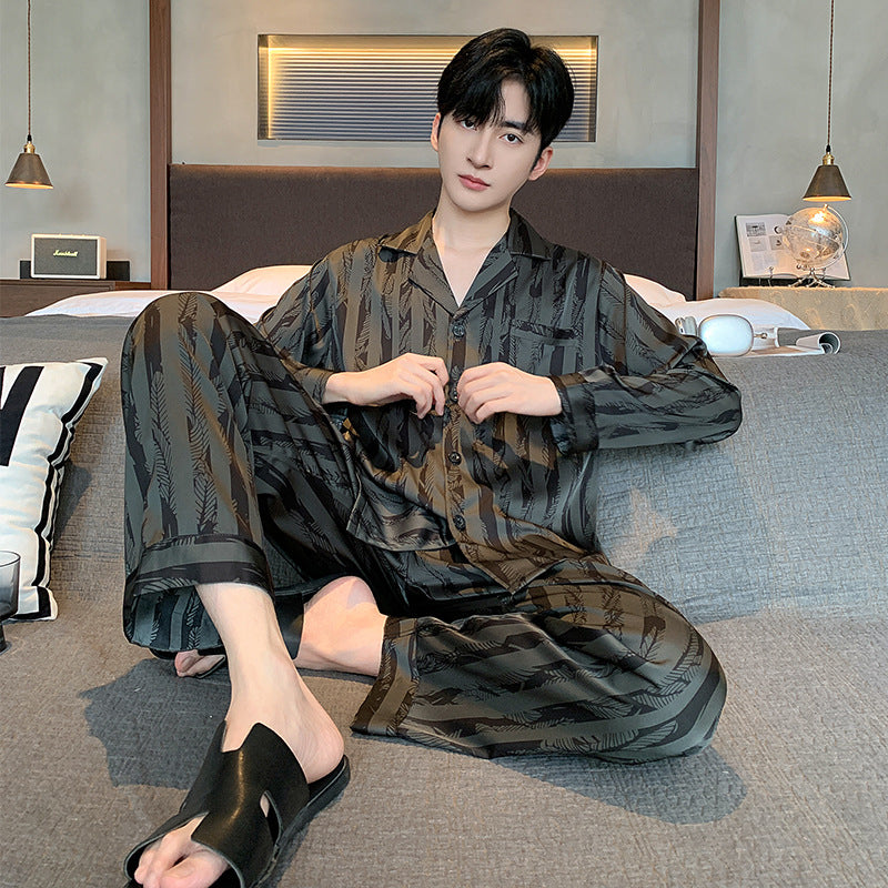 High-grade Ice Silk Men's Pajamas V-neck Thin Trousers Long Sleeve Two-piece Set