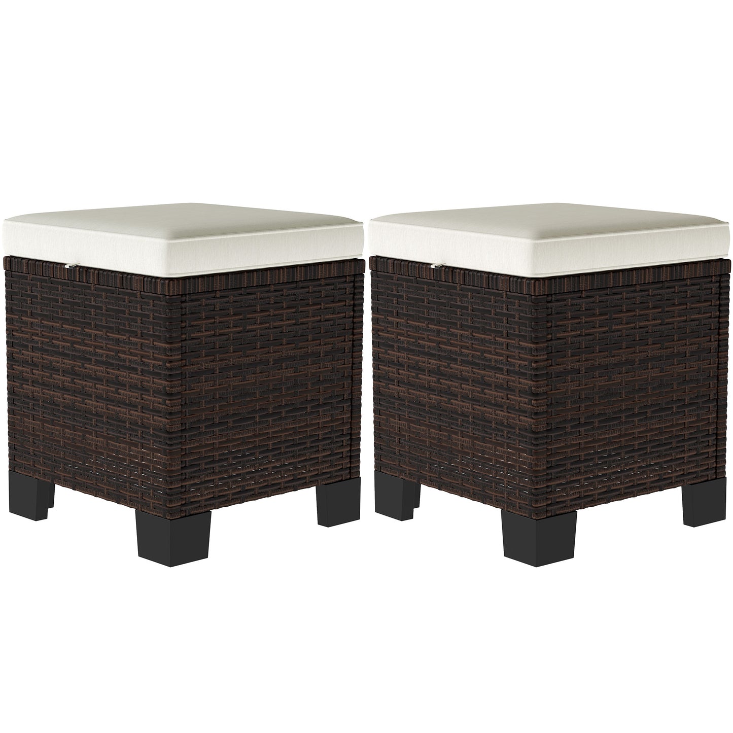 2 Piece Wicker Outdoor Ottomans With Cushions, Rattan Ottoman Footrest And Side Table For Patio, Yard, Poolside, Beige
