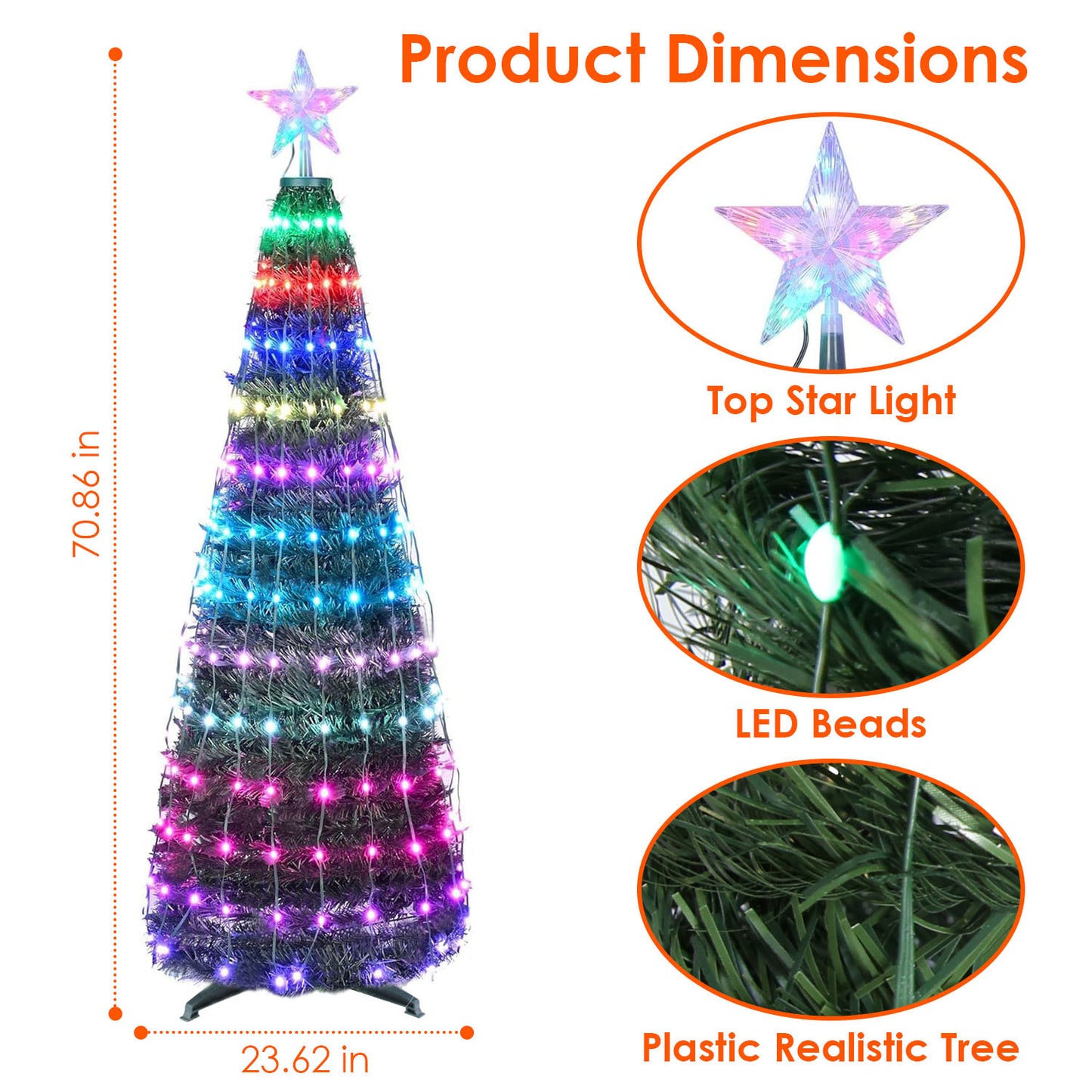 4.9FT S-5.9FT L Options -- 1Pc Collapsible Christmas Tree Light With Remote App Control IP65 Waterproof Customized Multi-Color Mode Timer Setting Work With Alexa Google