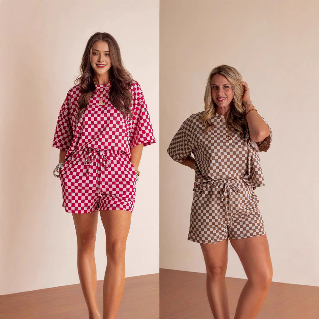 New Comfort Loose Leisure Suit Women's European And American Fashion Plaid Short-sleeved Shirt And Shorts Two-piece Set