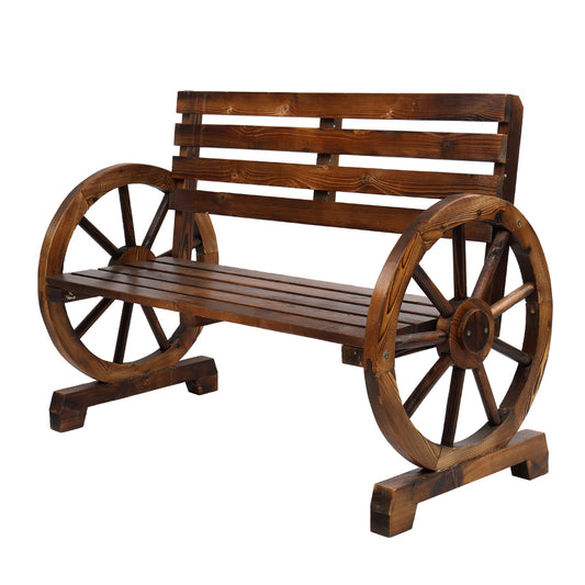 41Inch Rustic Outdoor Wooden Bench, 2-Person Patio Wagon Wheel Bench With Slatted Seat, Weather Resistance Garden Benches For Outdoors 350lbs High Capacity For Yard Porch Ourdoor Decor
