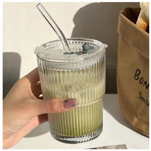 Wind Stripe Coffee Mug With Straw With Lid Glass Handy Mug