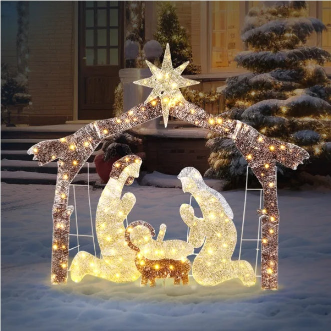 6ft Brown Roof 190LED Lights Nativity Scene Garden Jesus Decoration