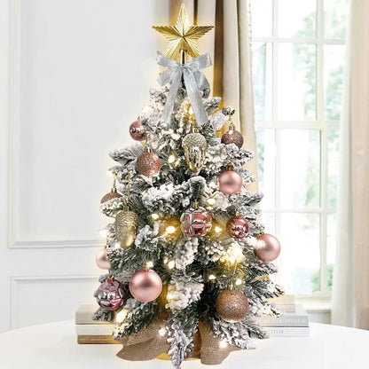 22in Tabletop Christmas Tree With Light Artificial Small Mini Red Christmas Decoration With Flocked Snow, Exquisite Decor & Xmas Ornaments For Table Top For Home & Office, Red