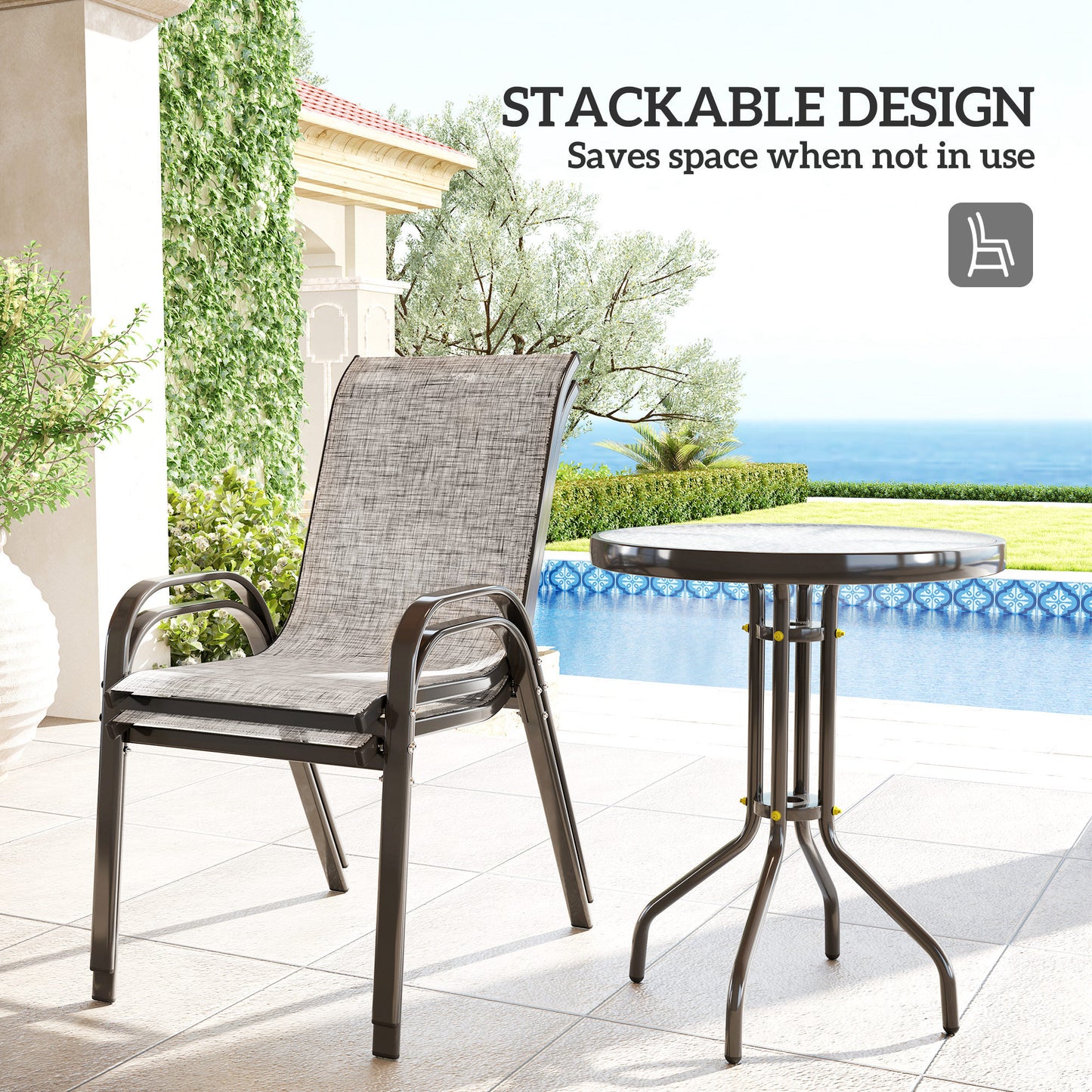 3 Pieces Bistro Set, Small Patio Furniture Set With Stackable Chairs And Glass Table For Backyard, Balcony, Gray