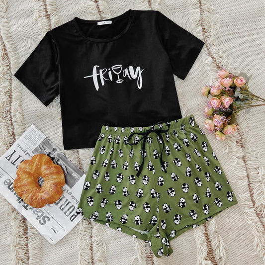 Ladies' Homewear Summer Simple Leisure Short Sleeve Pants Two-piece Set