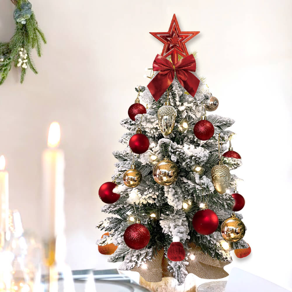 22in Tabletop Artificial Mini Red Christmas Tree With Light With Flocked Snow