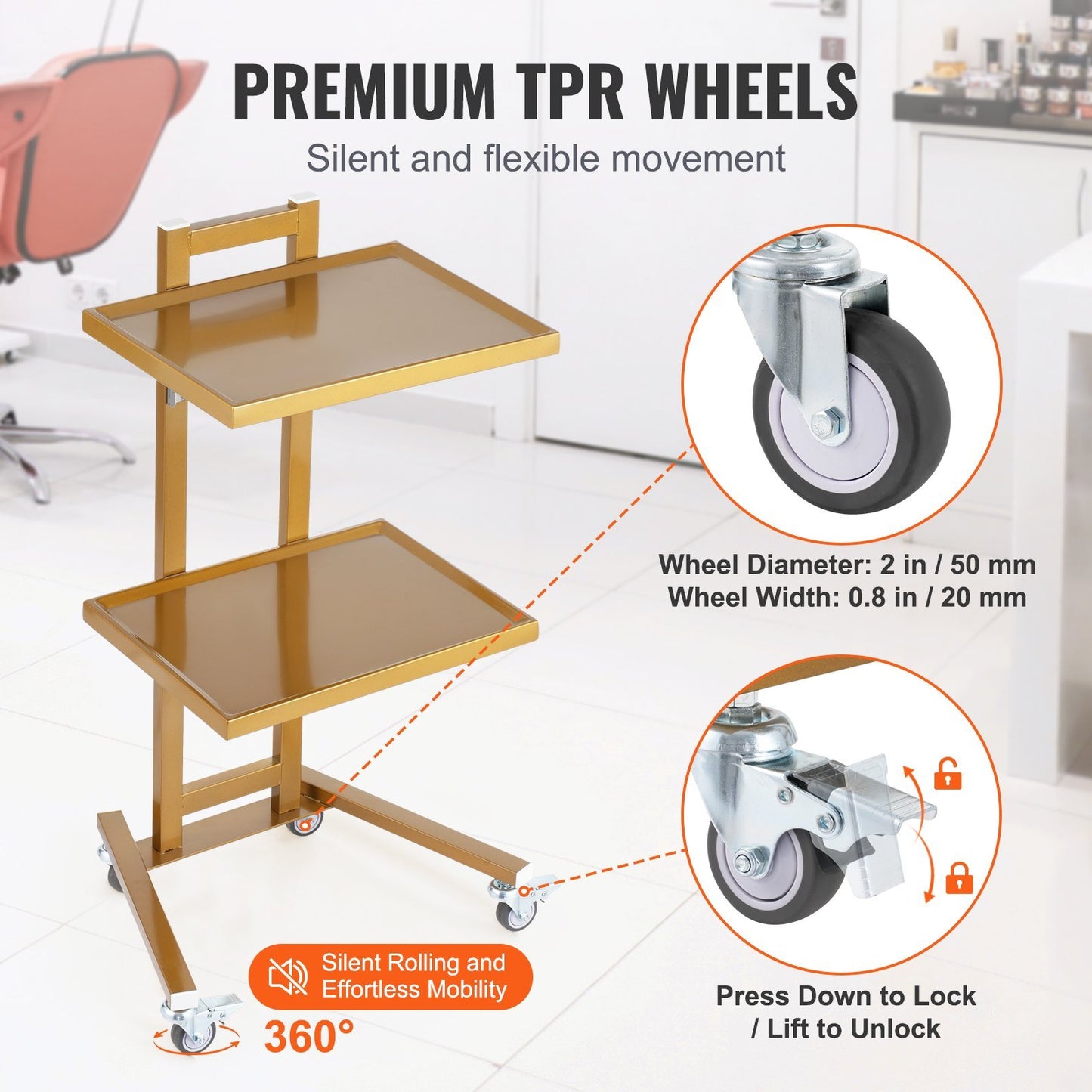 2 Tiers Stainless Steel Lab Carts With 2 Trays  4 Silent Wheels Golden, Lab Serving Cart Utility Cart Stainless Steel Medical Cart, Lab Carts With 2 Drawers  Top Tray, Lab Rolling Cart For Lab, Clin