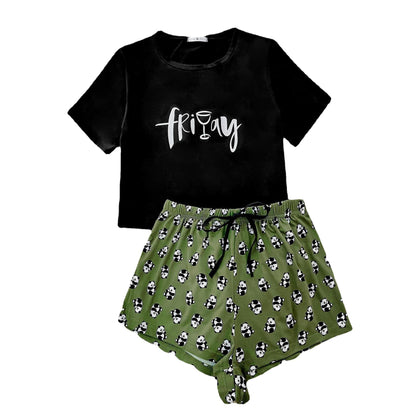 Ladies' Homewear Summer Simple Leisure Short Sleeve Pants Two-piece Set