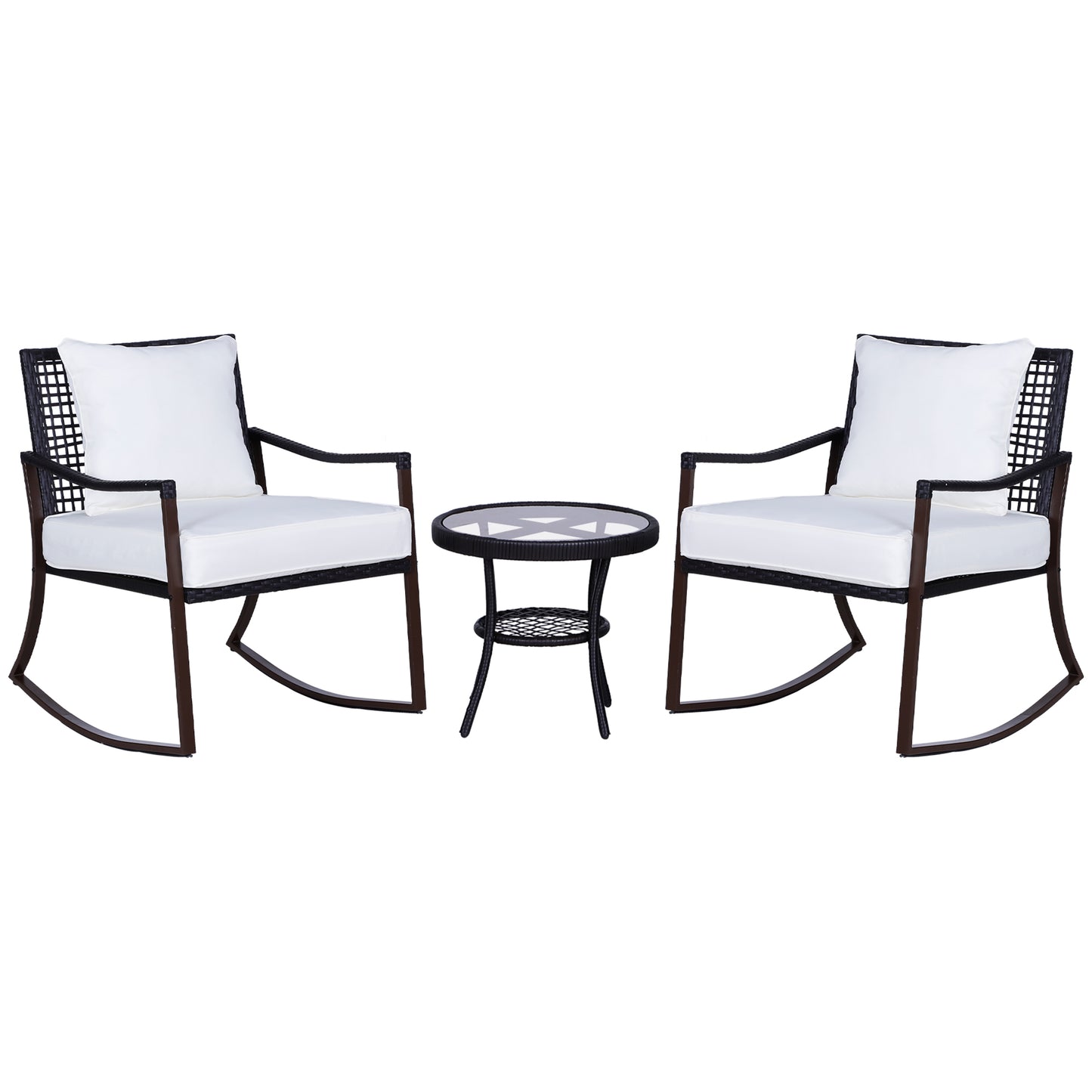 Rattan Bistro Set, 3 Pieces Wicker Garden Furniture Set With Rocking Chairs And Round Glass Top Coffee Table, Small Balcony Furniture With Cushions For Outdoor, Porch, Brown