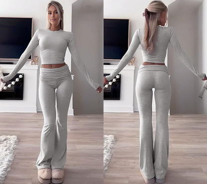 Leisure Sports Two-piece Set, Long Sleeved High Waisted Foldable Flared Pants, Sports Suit, Streetwear