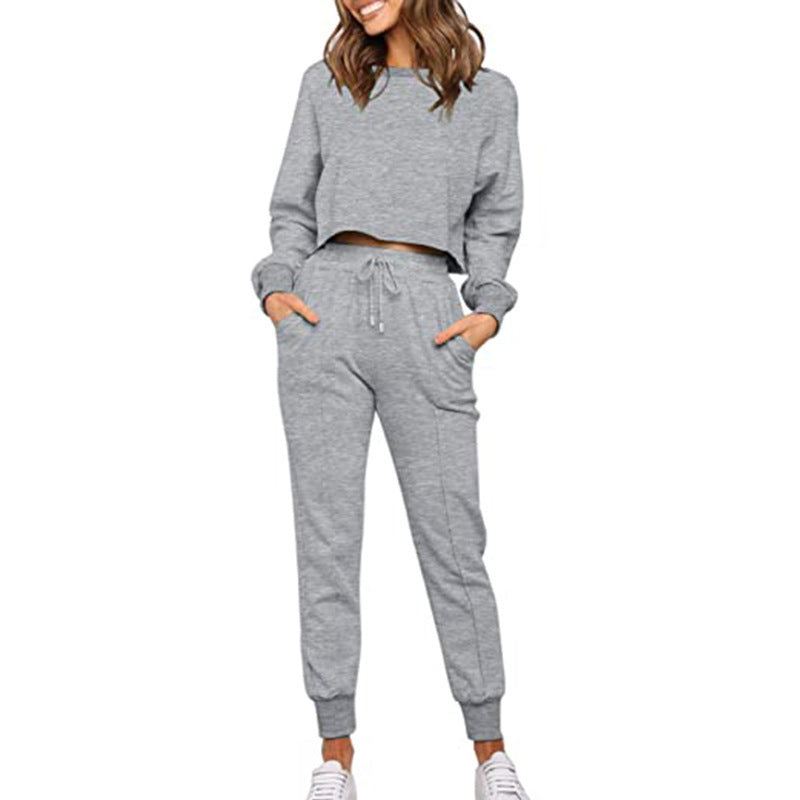 Women's Sports And Leisure Solid Color Long-Sleeve Sweatpants Two-Piece Set